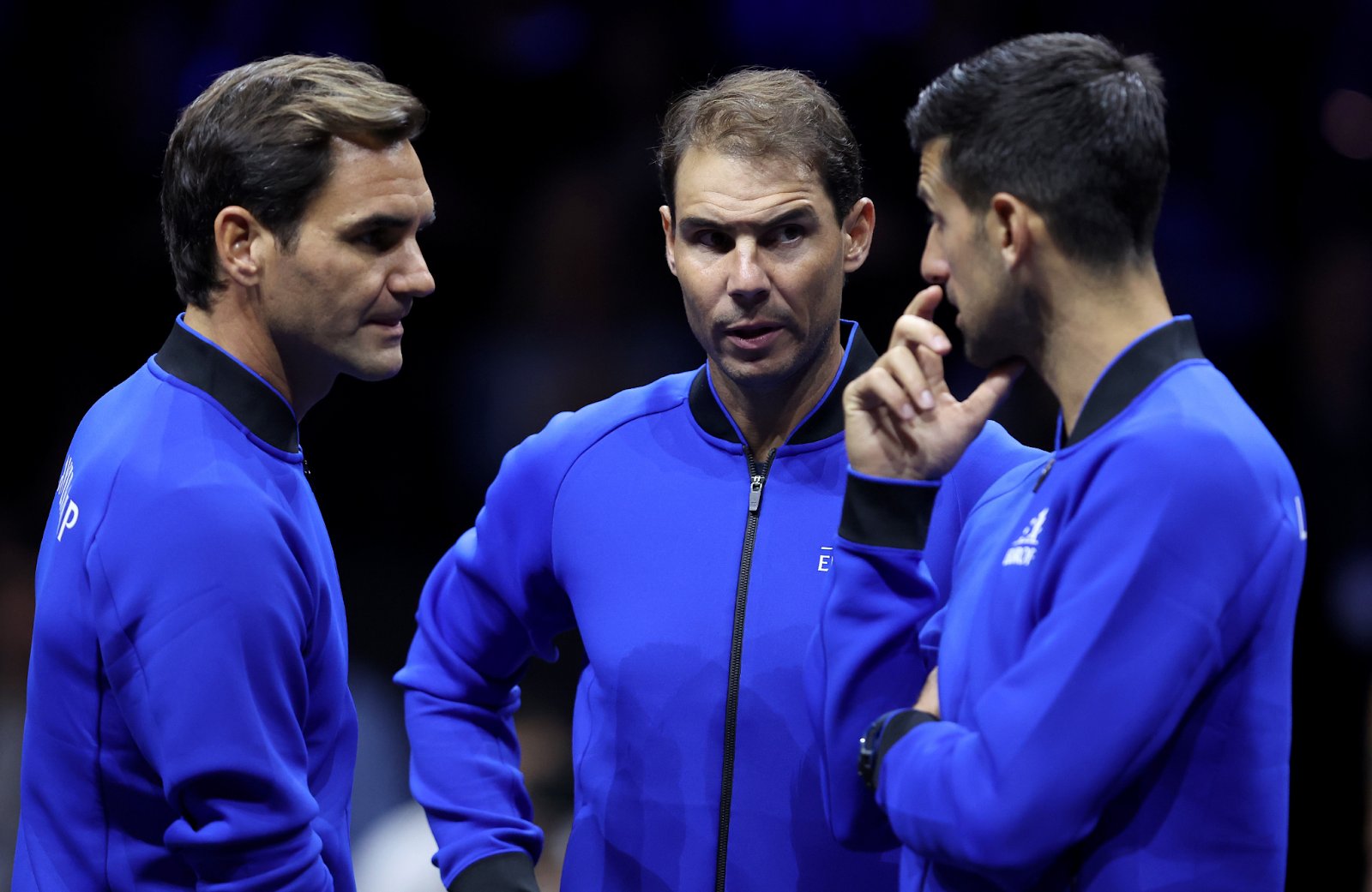 Djokovic, Nadal, and Federer standing together