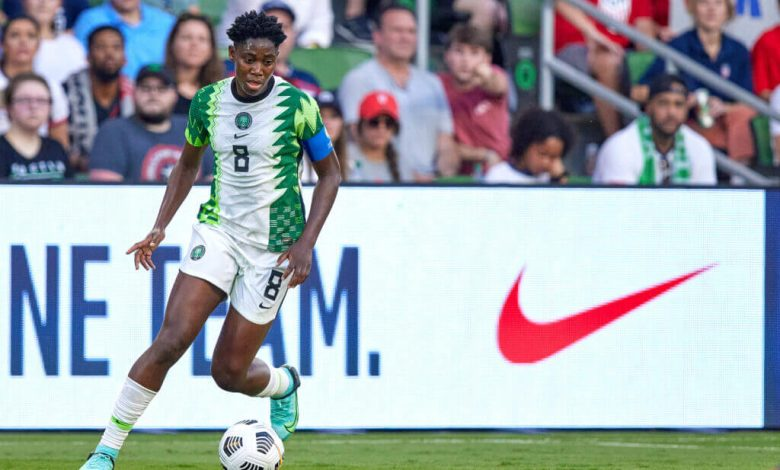 Asisat Oshoala playing for Nigeria