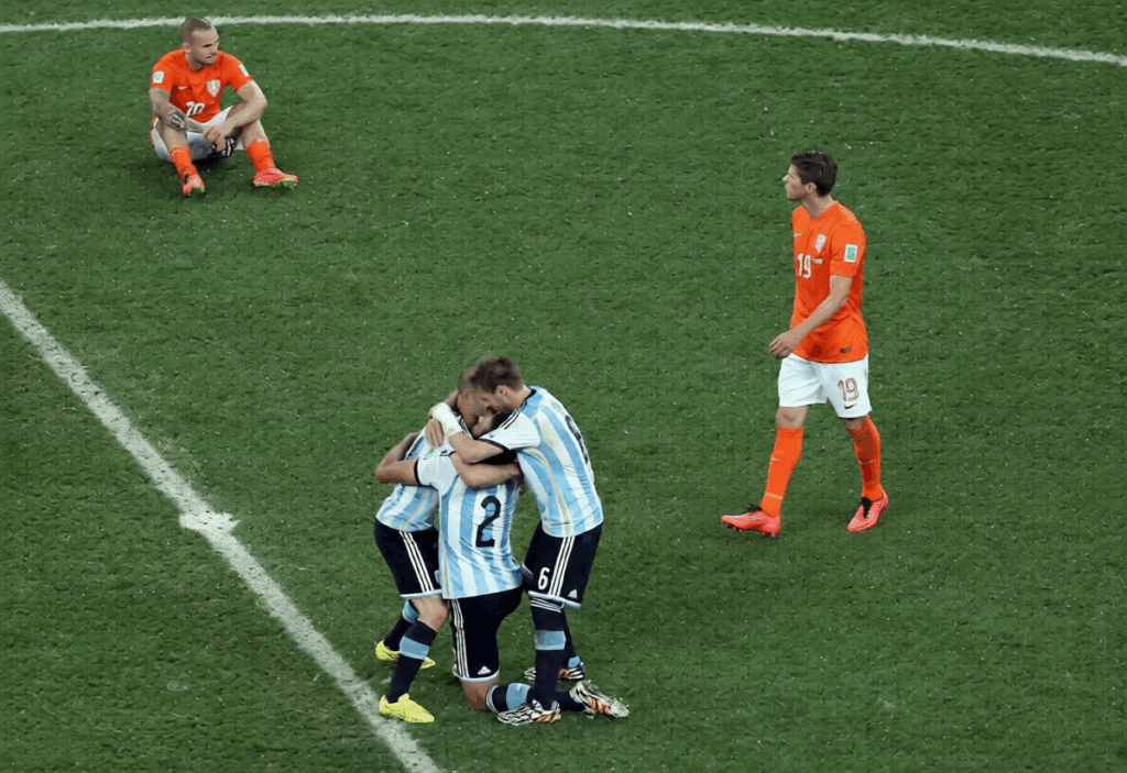 Sneijder on the ground after losing to Argentina 4-2 on penalties in the semi-final of the 2014 World Cup