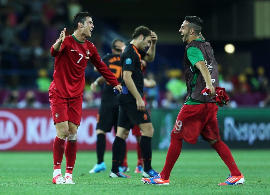 Cristiano Ronaldo celebrating at full time after scoring a brace to send Netherlands out of the 2008 Euros.