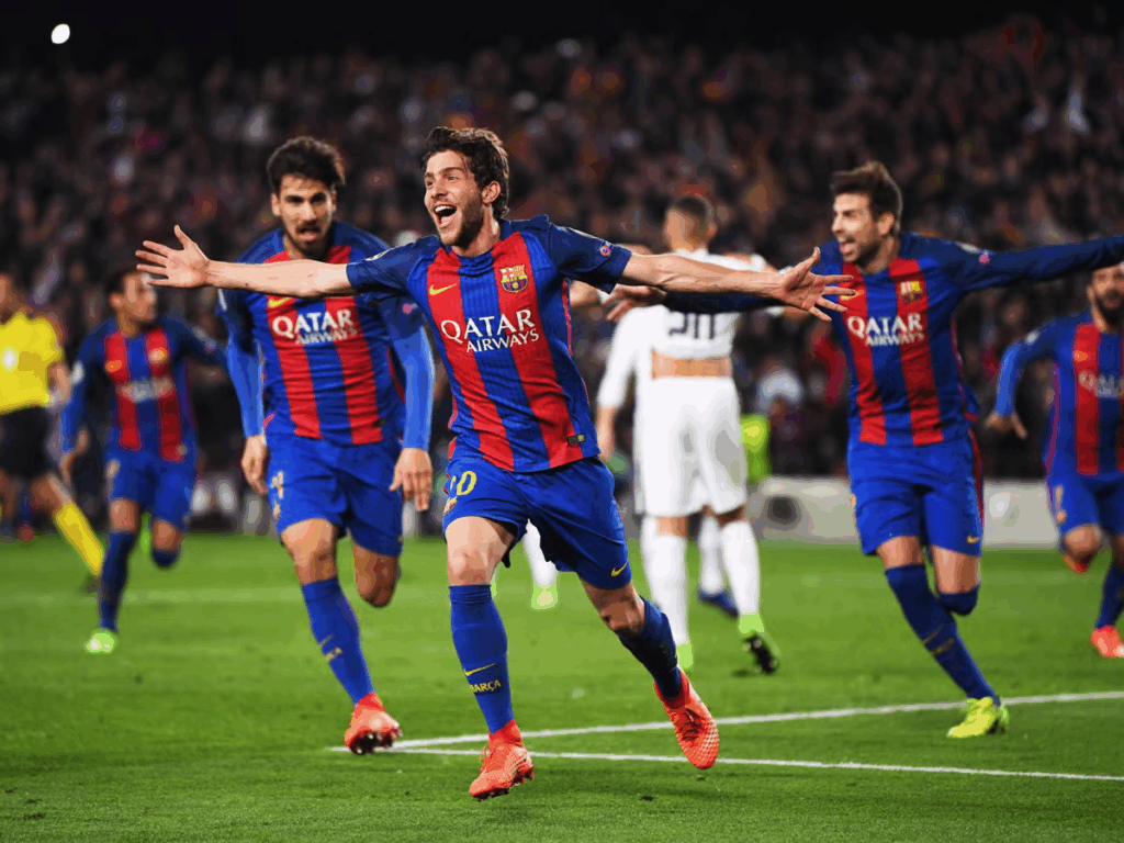 Sergio roberto and barcelona players  celebrating the 6-1 victory