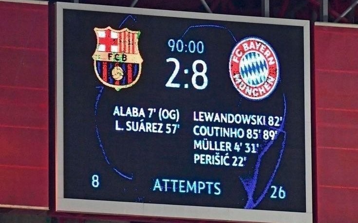 Scoreboard showing the 2-8 scoreline between Barcelona and Bayern Munich