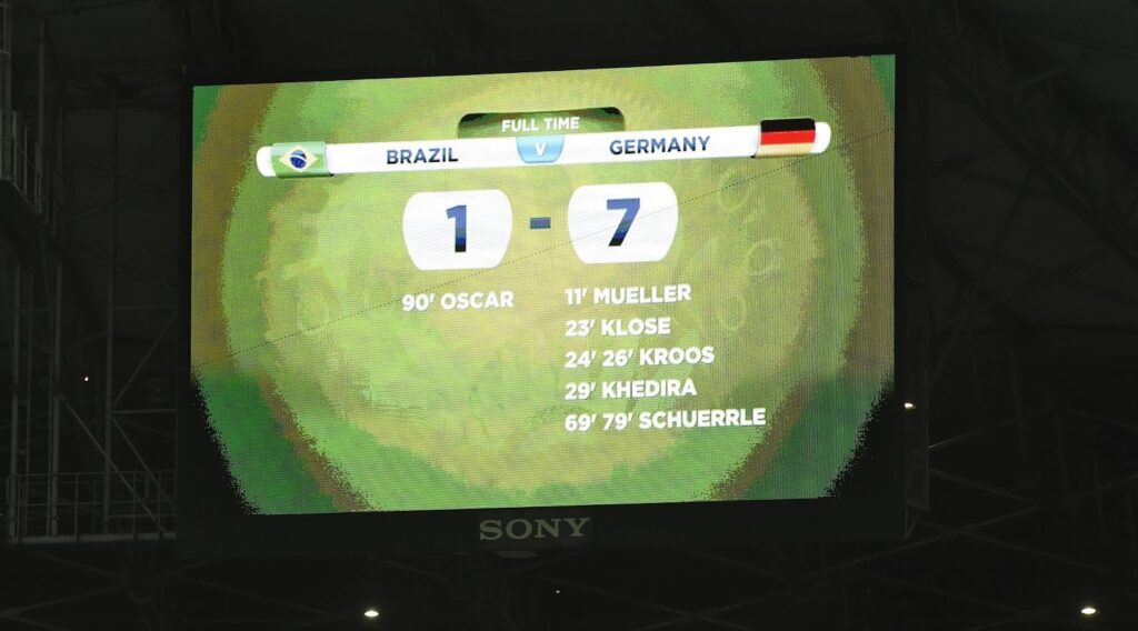 Scoreboard showing the 1-7 scoreline between Brazil and Germany