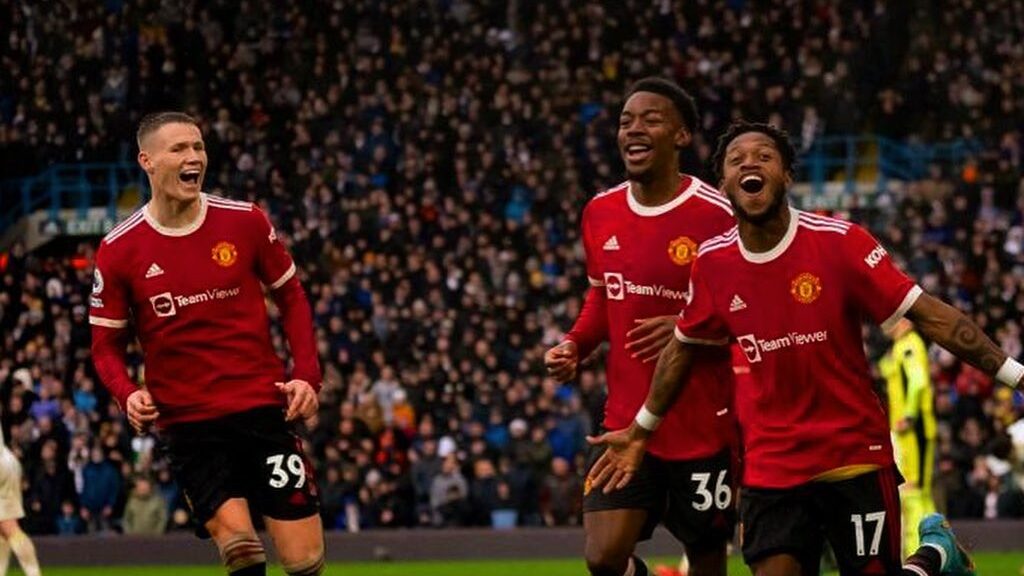 McTominay Fred and Elangae celebrating a goal in a Manchester United game