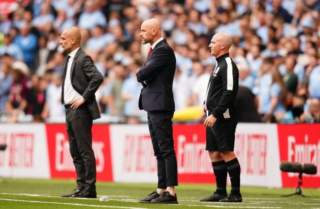 Ten Hag on the touchline with his mentor Pep during a league game 