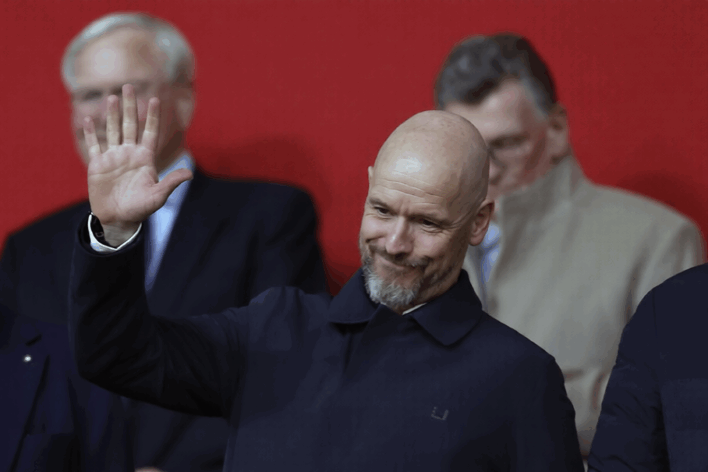 Ten Hag in the stands waving to the fans of Twente