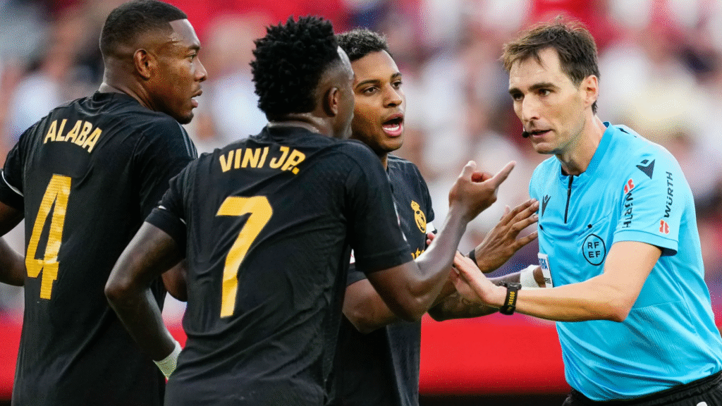 Vinicius Rodrygo Alaba arguing with referee