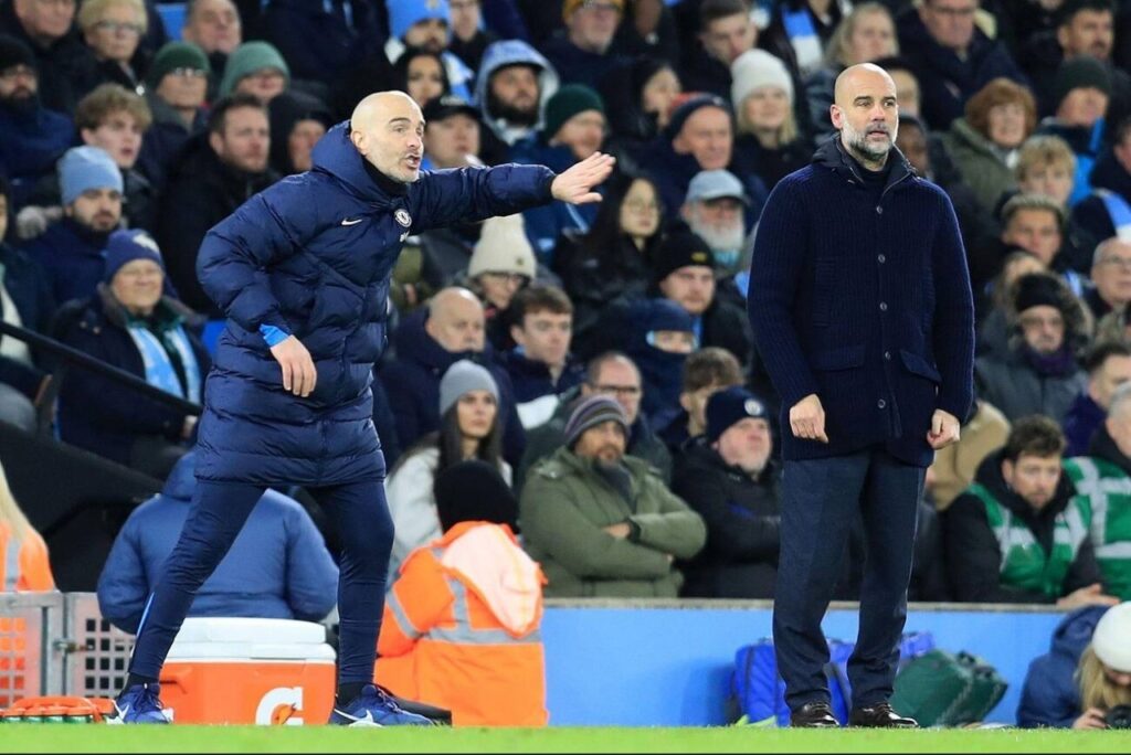 Enzo Maresca gesticulating directions for his players against Manchester City