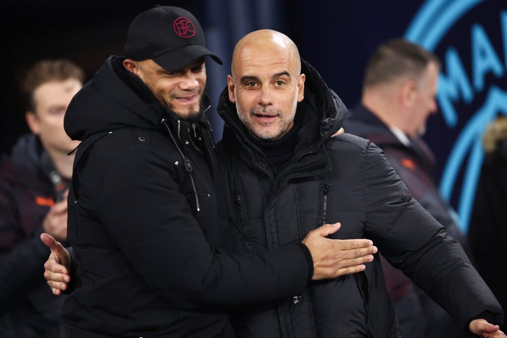 Pep's Disciple Vincent Kompany embraces his mentor after a match 