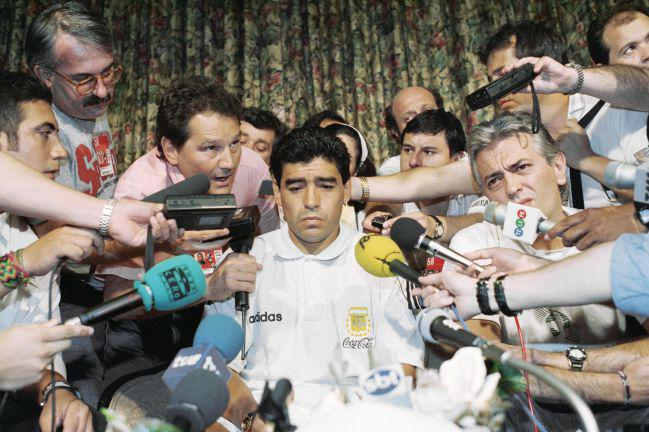 Diego Maradona facing the press after his expulsion from the World Cup in 1994 for doping