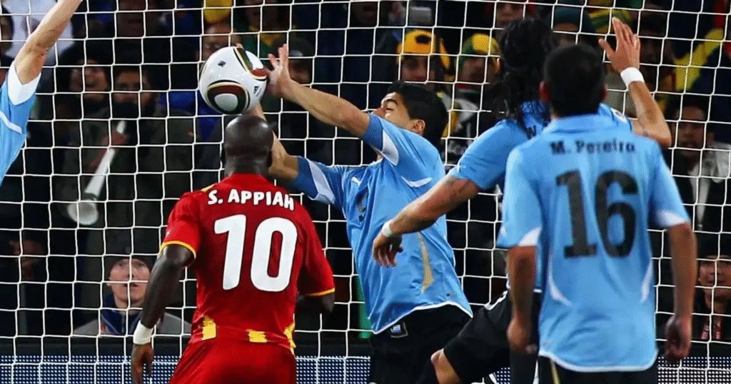 Luis Suárez denies Ghana an extra time winner by stopping the ball on the goal line with his hands in 2010