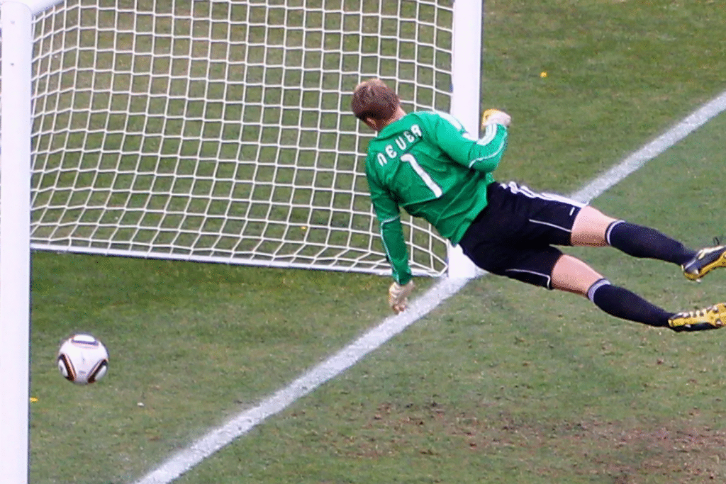 Manuel Neuer dives and sees Frank Lampard's shot over the goalline at the 2010 World Cup