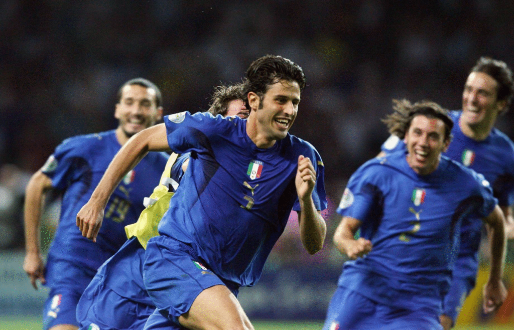 Fabio Grosso celebrates scoring the winning penalty in the 2006 FIFA World Cup final