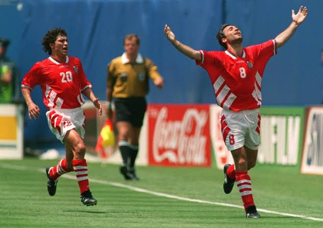 Hristo Stoichkov celebrates his freekick goal against Germany at the 1994 FIFA World Cup
