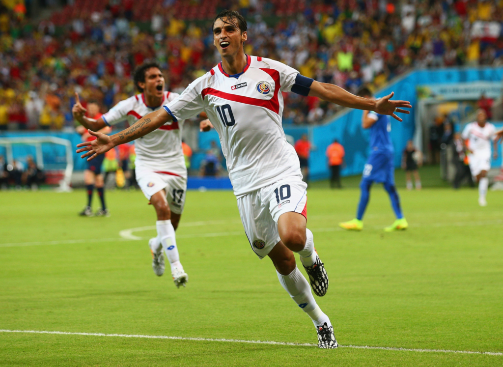 Bryan Ruiz celebrates scoring for Costa Rica at the 2014 FIFA World Cup
