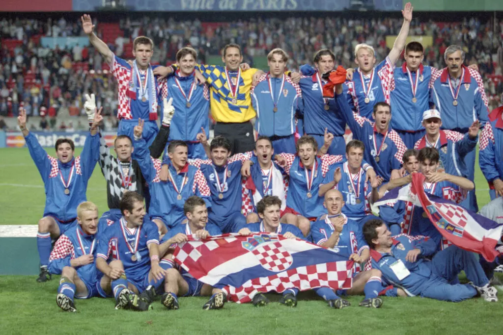 The Croatian national football team celebrates after clinching bronze at the  1998 FIFA World Cup