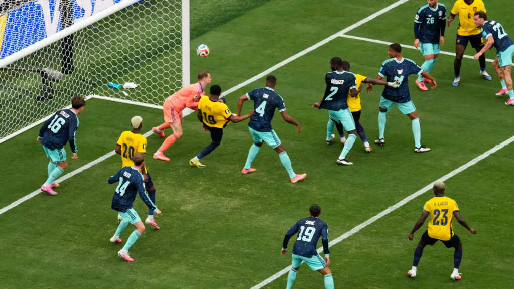 Ecuador’s Gonzalo Plata (19) scores a go-ahead goal on German goalkeeper Manuel Neuer during the World Cup Group E soccer match 