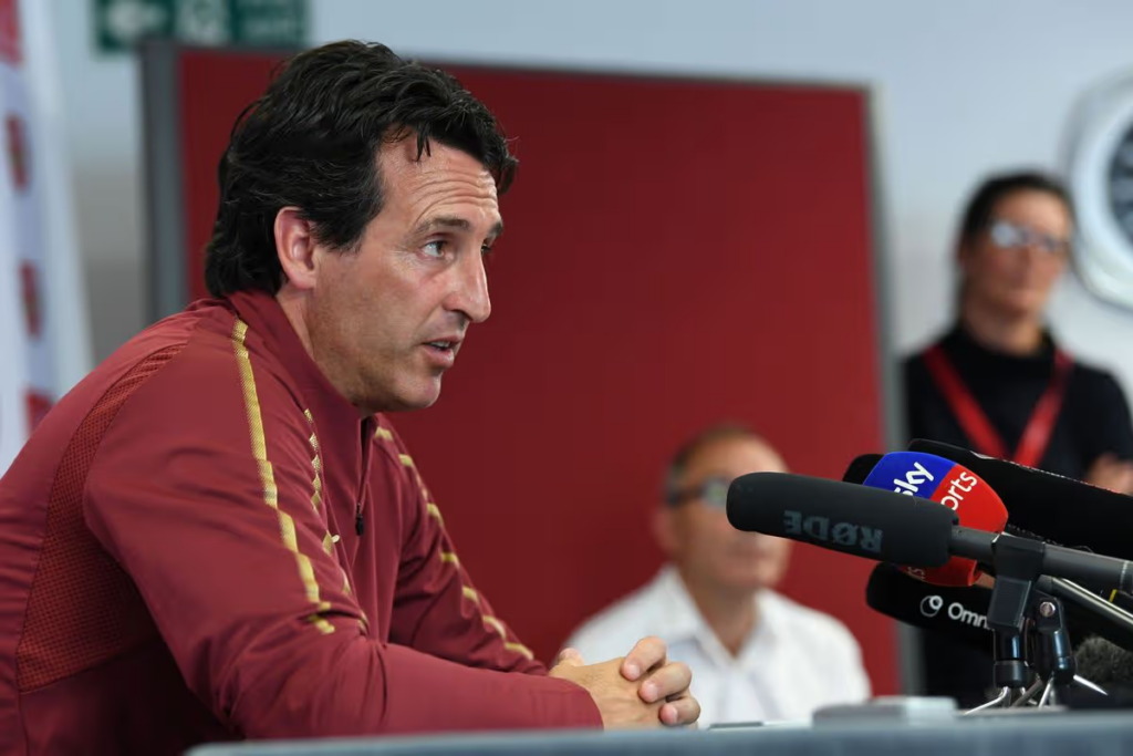 Unai Emery speaking at a press conference as Arsenal manager