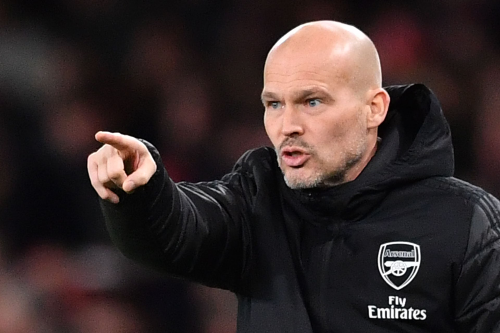 Freddie Ljungberg shouts instructions on the touchline as interim manager of Arsenal