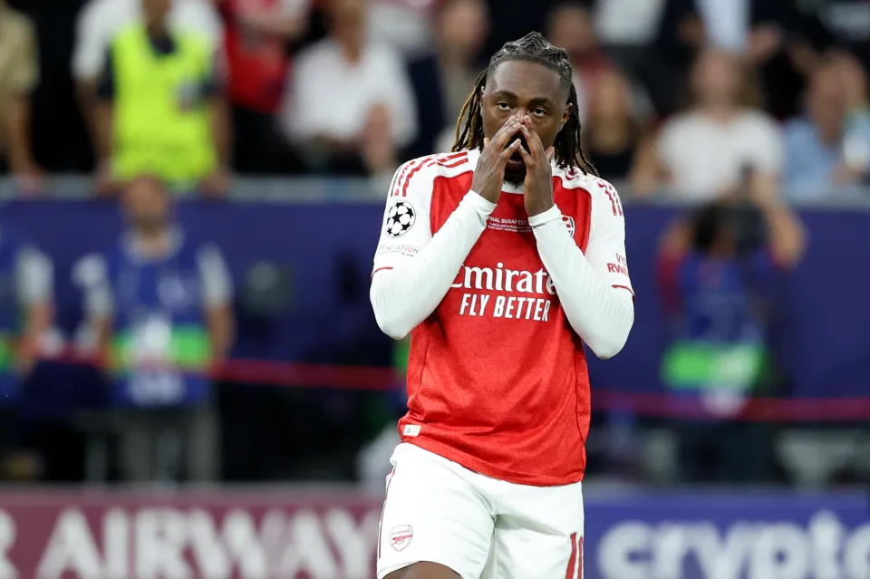Eberechi Eze looks dissapointed after missing a penalty in the 2026 Champions League final