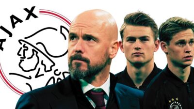 Ajax 2019 team including logo, Erik ten Hag, Matthijs De Ligt, and Frenkie de Jong