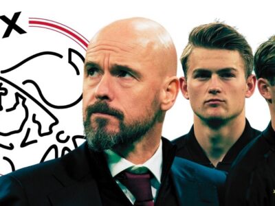Ajax 2019 team including logo, Erik ten Hag, Matthijs De Ligt, and Frenkie de Jong