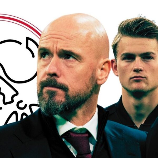 Ajax 2019 team including logo, Erik ten Hag, Matthijs De Ligt, and Frenkie de Jong
