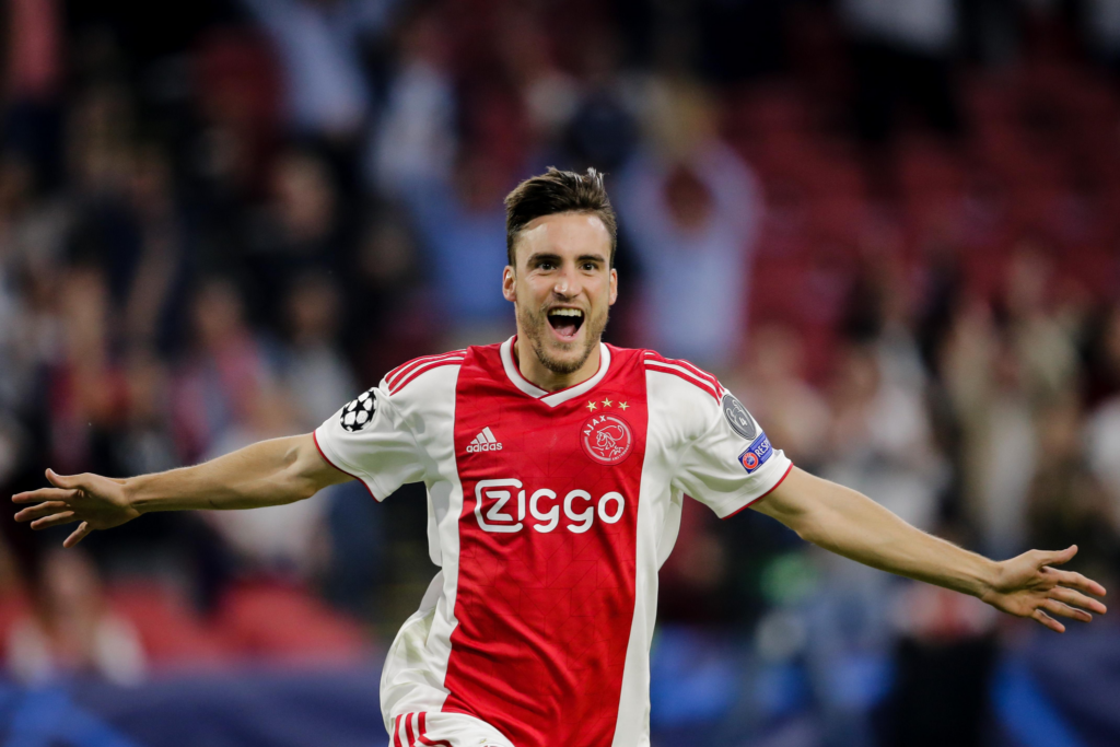 Nicolás Tagliafico celebrates his debut Champions League goal against AEK Athens