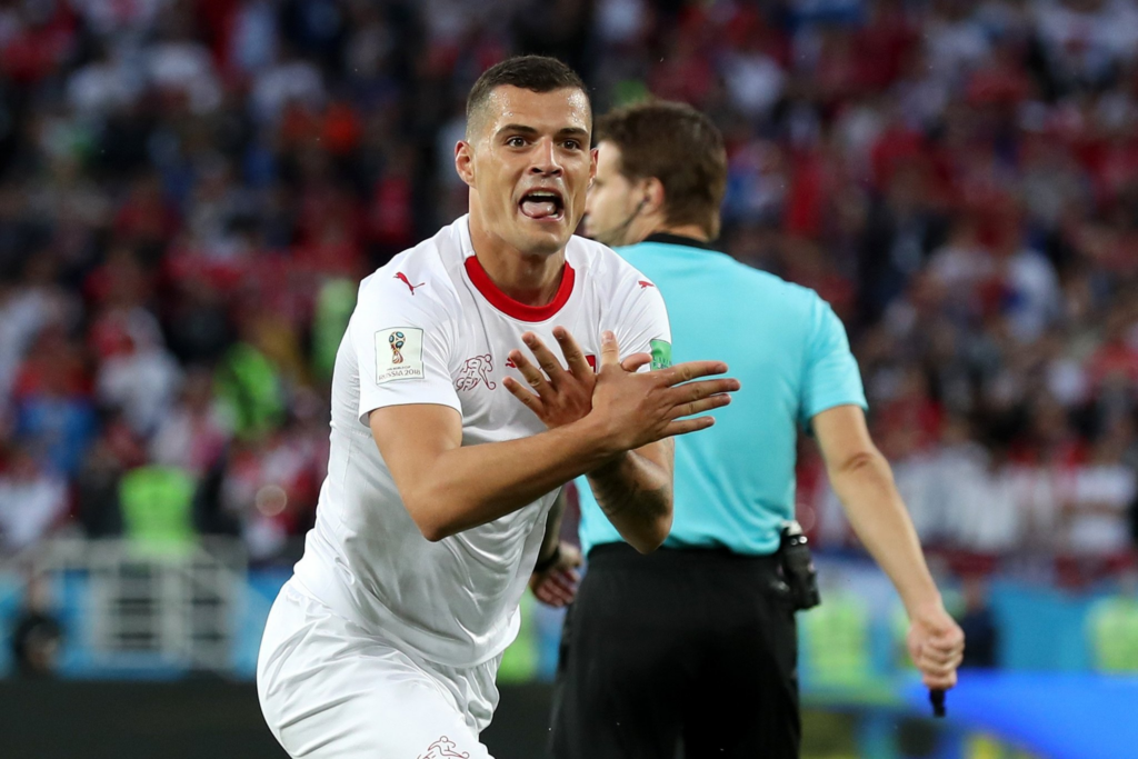 Granit Xhaka making the Albanian eagle celebration after scoring against Serbia during the 2018 World Cup