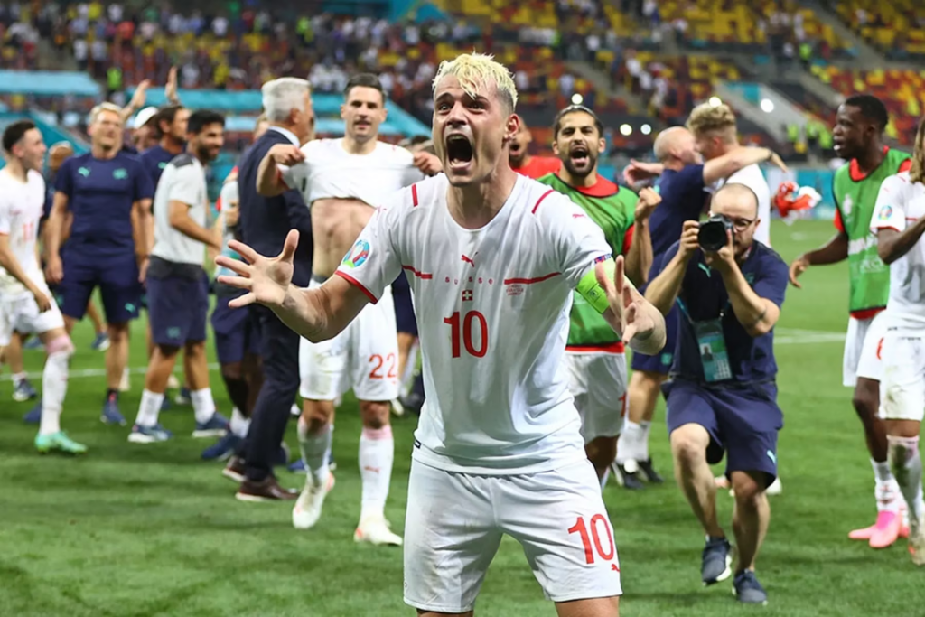 Xhaka celebrates Switzerland's triumph over France at the 2021 Euros 