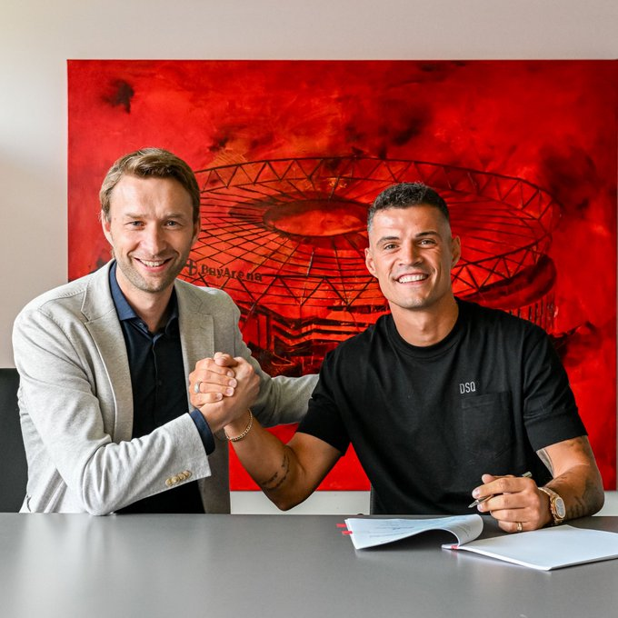 Bayer Leverkusen sporting director welcoming Xhaka to the club in 2023.