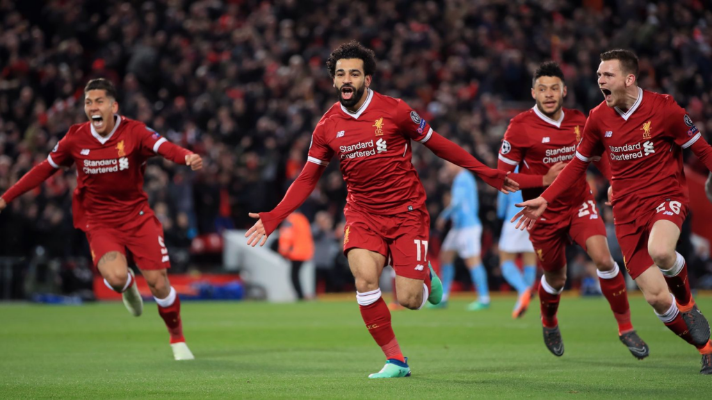 Mohamed Salah wheels away in jubilation after scroing the first goal in Liverpool's 3-0 win over Man City in the UCL in April 2018