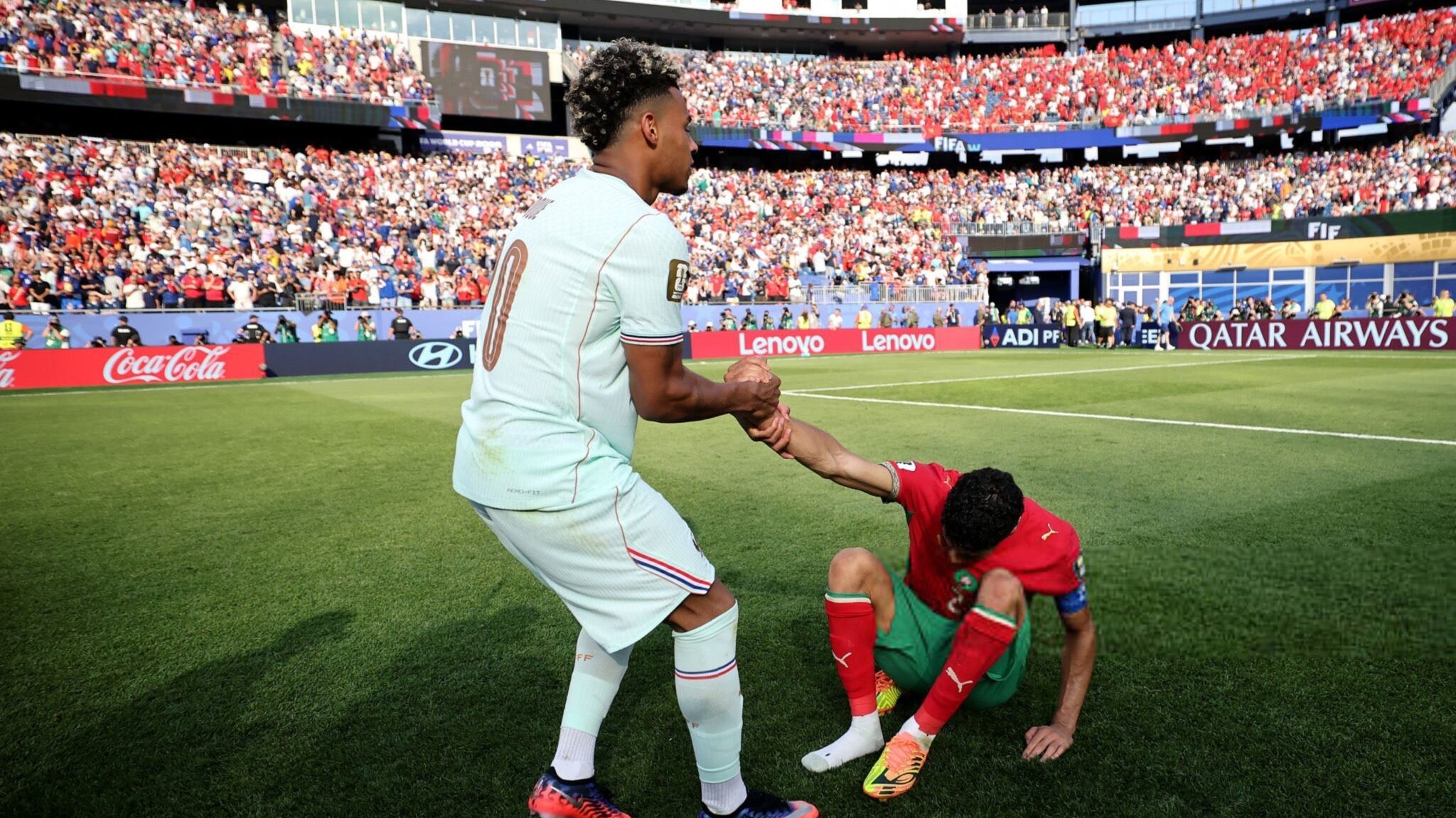 Doue consoling Hakimi as France beat Morocco in USA 2026