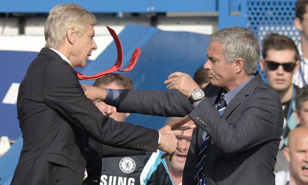 Arsène Wenger and José Mourinho enage in a bust-up during the Chelsea v Arsenal Premier League match in October 2014