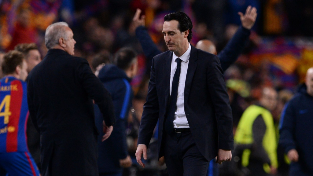 Unai Emery looks dejected as Barcelona beat PSG 6-1 in the UCL