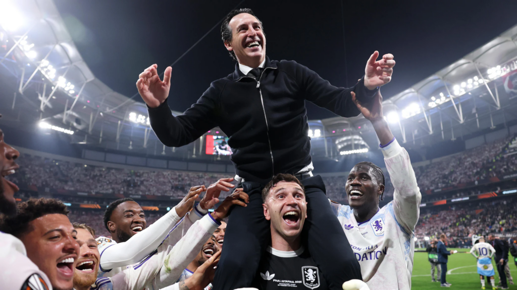 Aston Villa players lift up Unai Emery after winning the 2026 UEFA Europa League