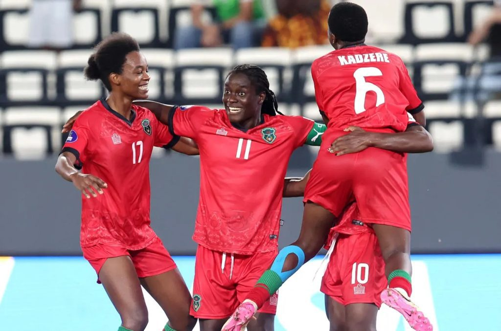 Temwa Chawinga and Tabitha Chawinga celebrate with the Malawi National Team after second goal against Nigeria in WAFCON 2026.