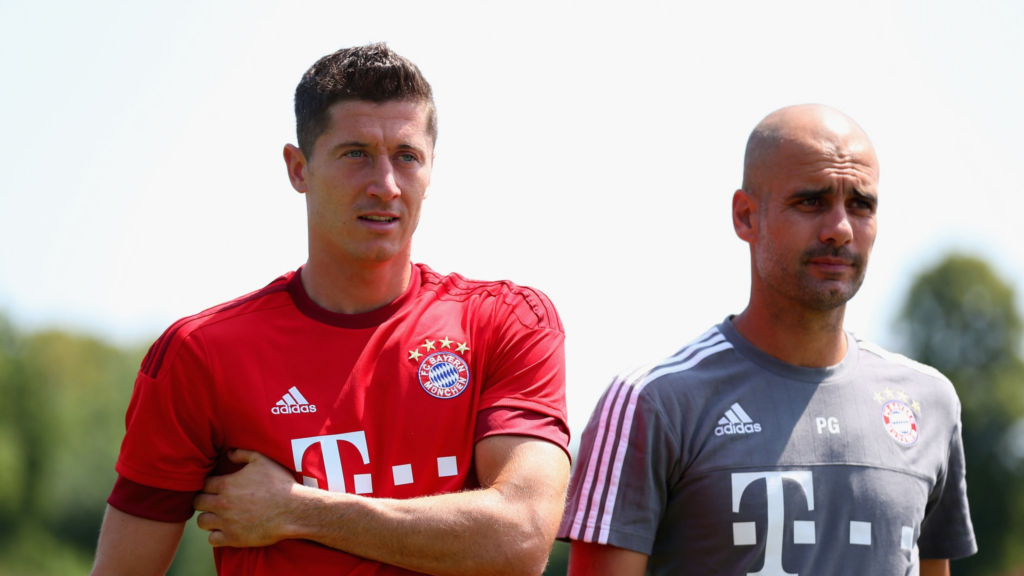 Robert Lewandowski and Pep Guardiola at the Bayern Munich training ground.