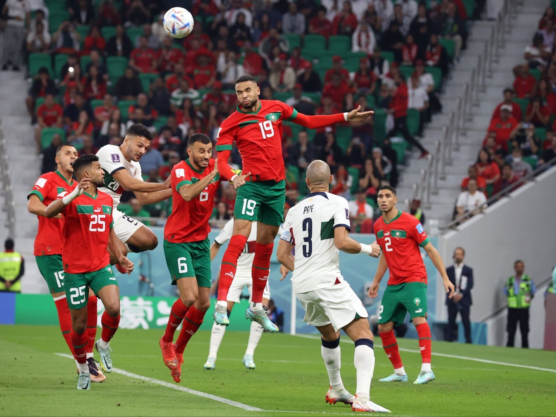 Youssef En-Nesyri rises highest to score Morocco's winning goal against Portugal in the 2022 World Cup