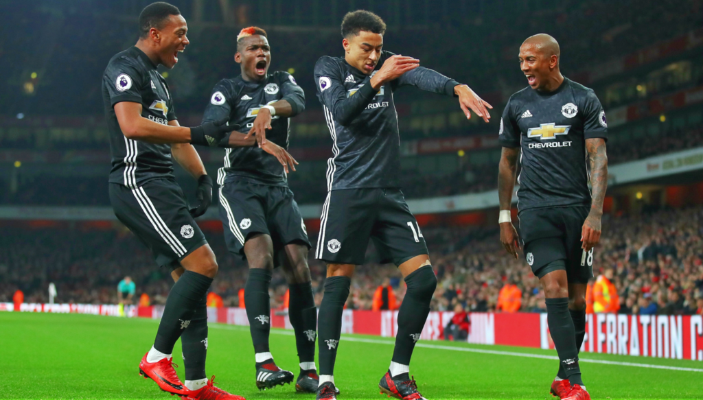 Jesse Lingard making his iconic celebration dance after scoring two to cruise past Arsenal in December 2017