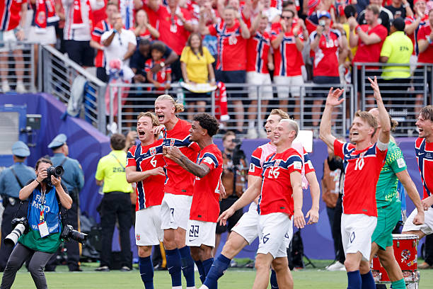 Patrick Berg, Erling Haaland, Oscar Bobb, Julian Ryerson, Martin Odegaard of Norway celebrate the victory following the FIFA World Cup 2026 Round Of 16 football match between Brazil and Norway.